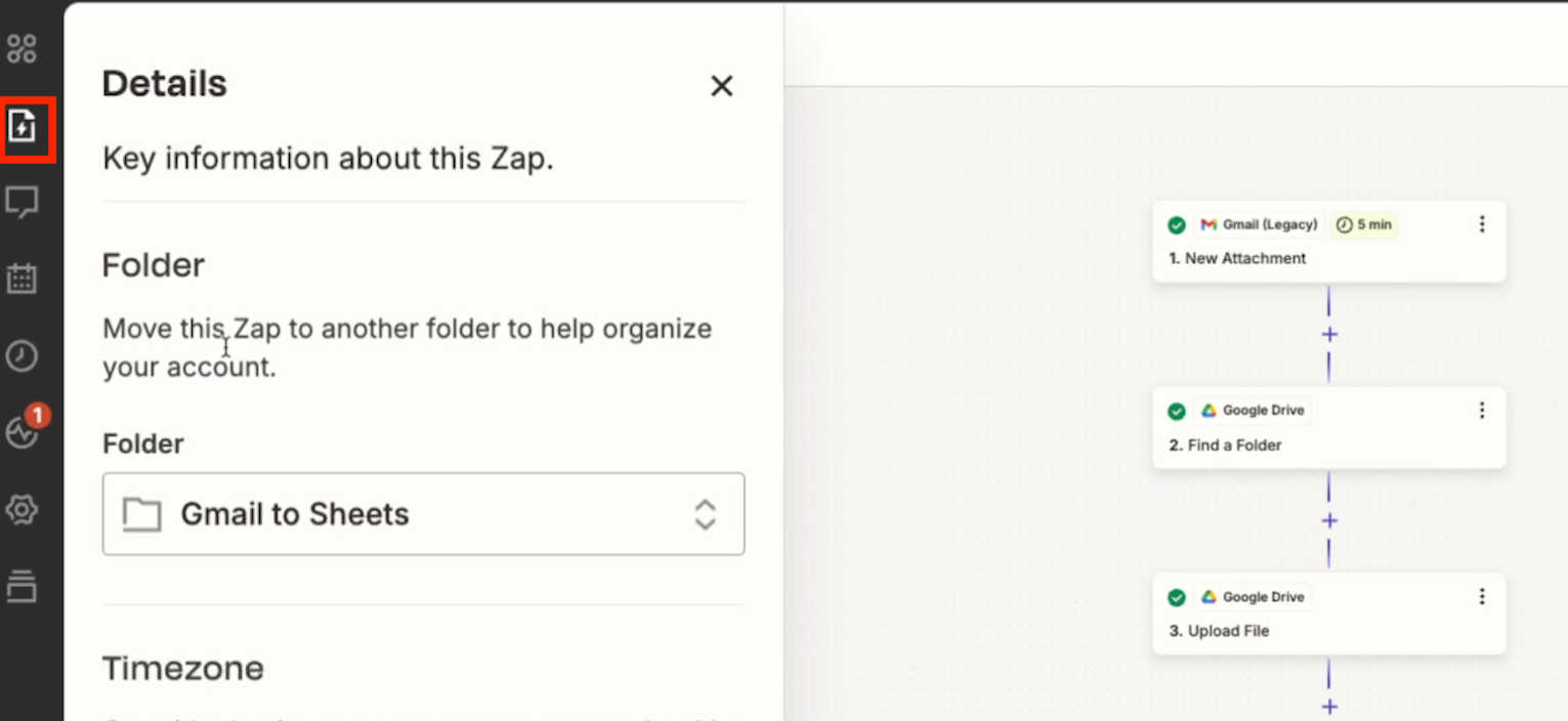 Zap Details Panel open