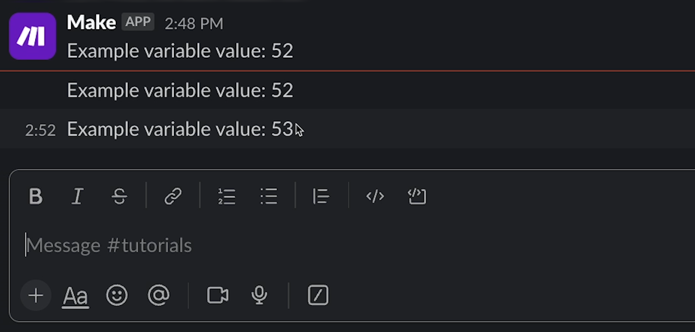 A Slack message displaying the original value and updated value of the variable