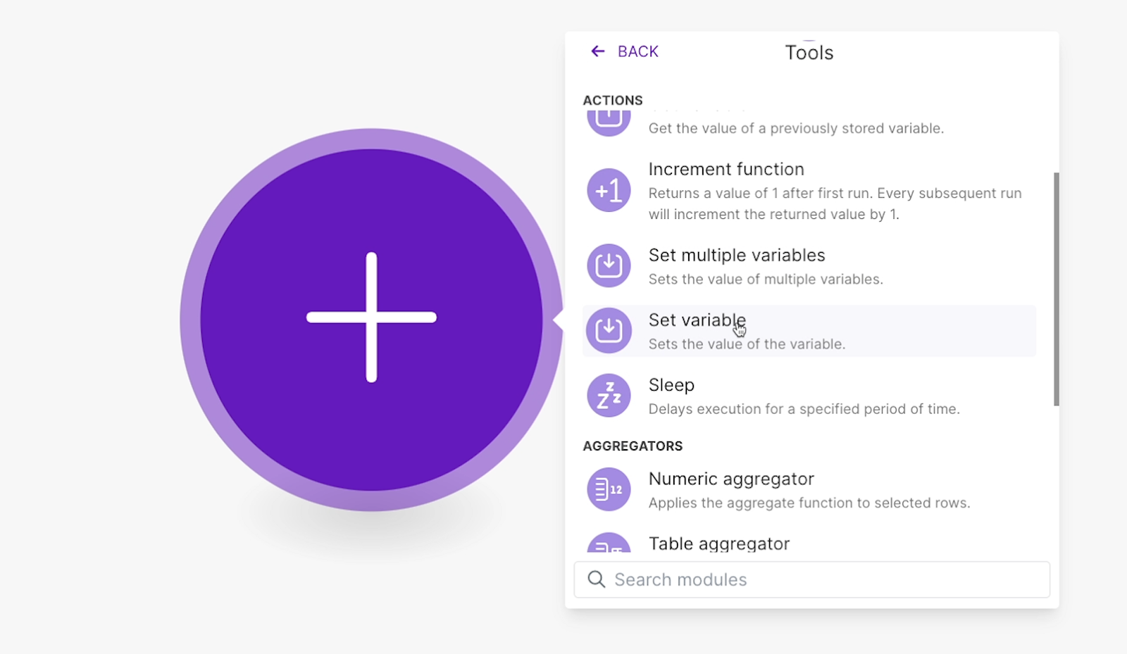 The "Set variable" action within the tools module