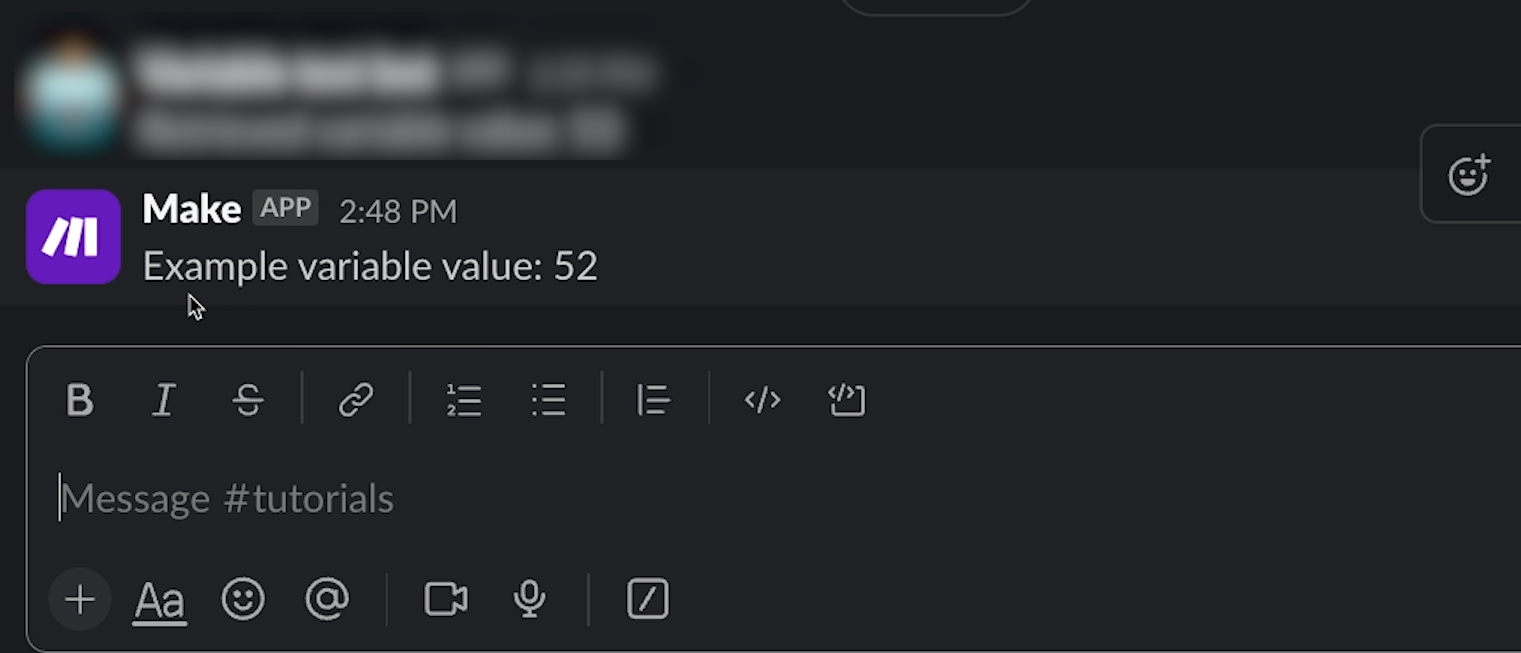 A Slack message displaying the value of the variable