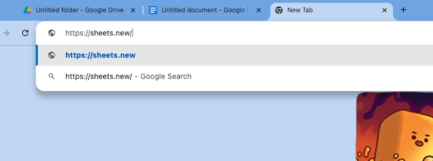 Creating a new spreadsheet by entering "sheets.new" into the URL bar