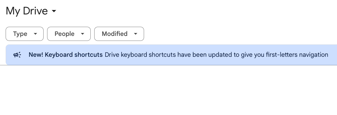 An announcement in Drive about new keyboard shortcuts