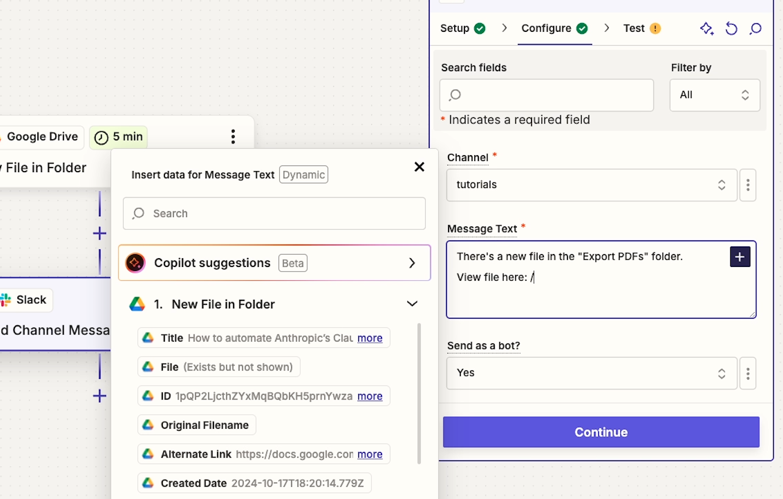 Typing forward slash (/) to bring up dynamic data in the new Zapier UI