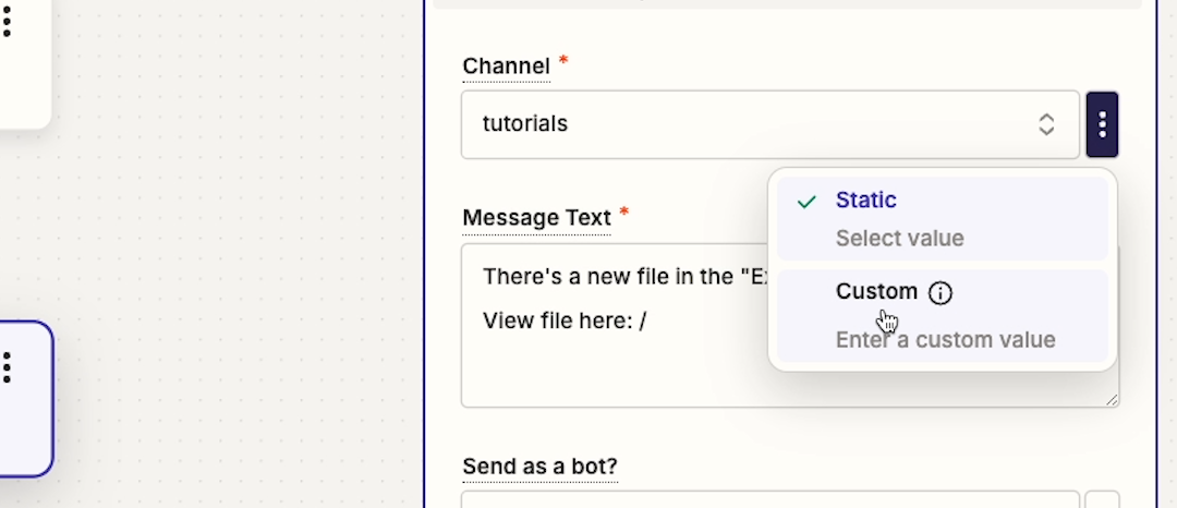 Changing a field from "Static" to "custom"