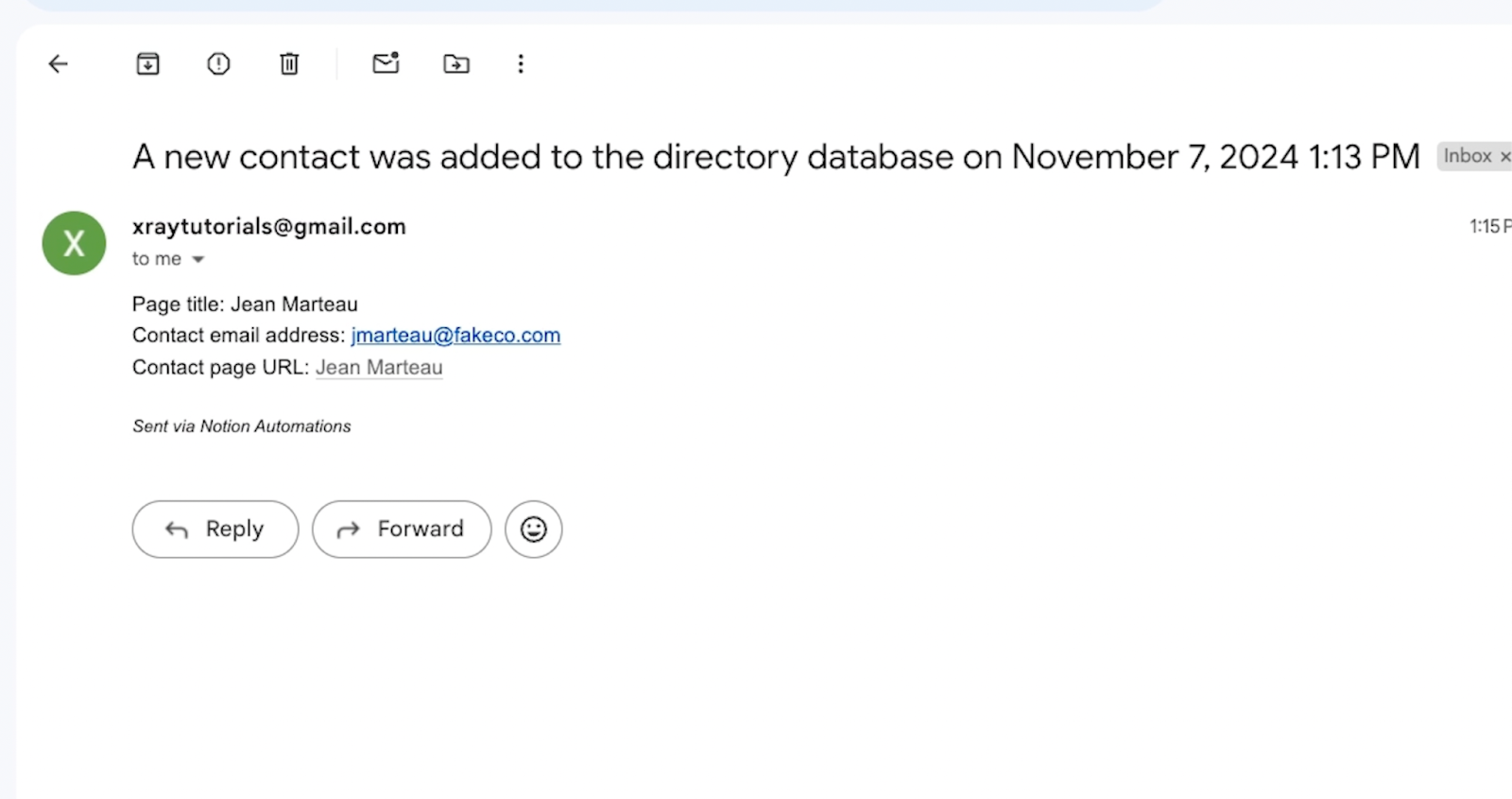 Email notifying that a New Contact was added to the directory database