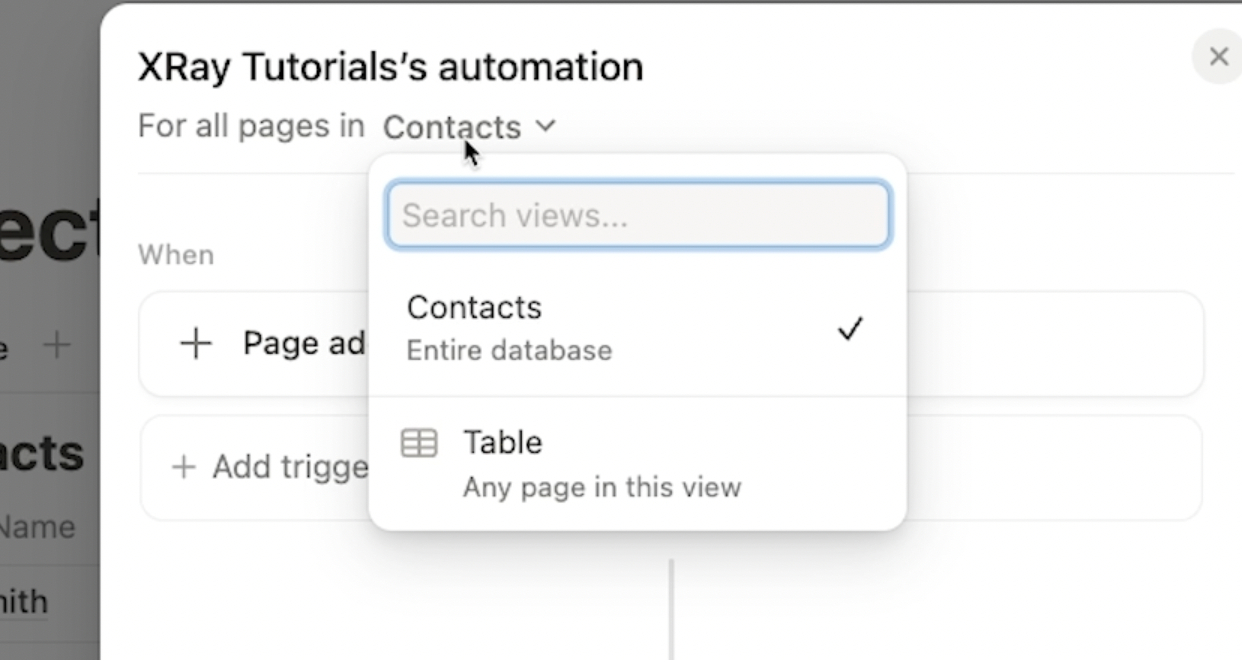 The Menu in which you can select which view you can Trigger the Automation for