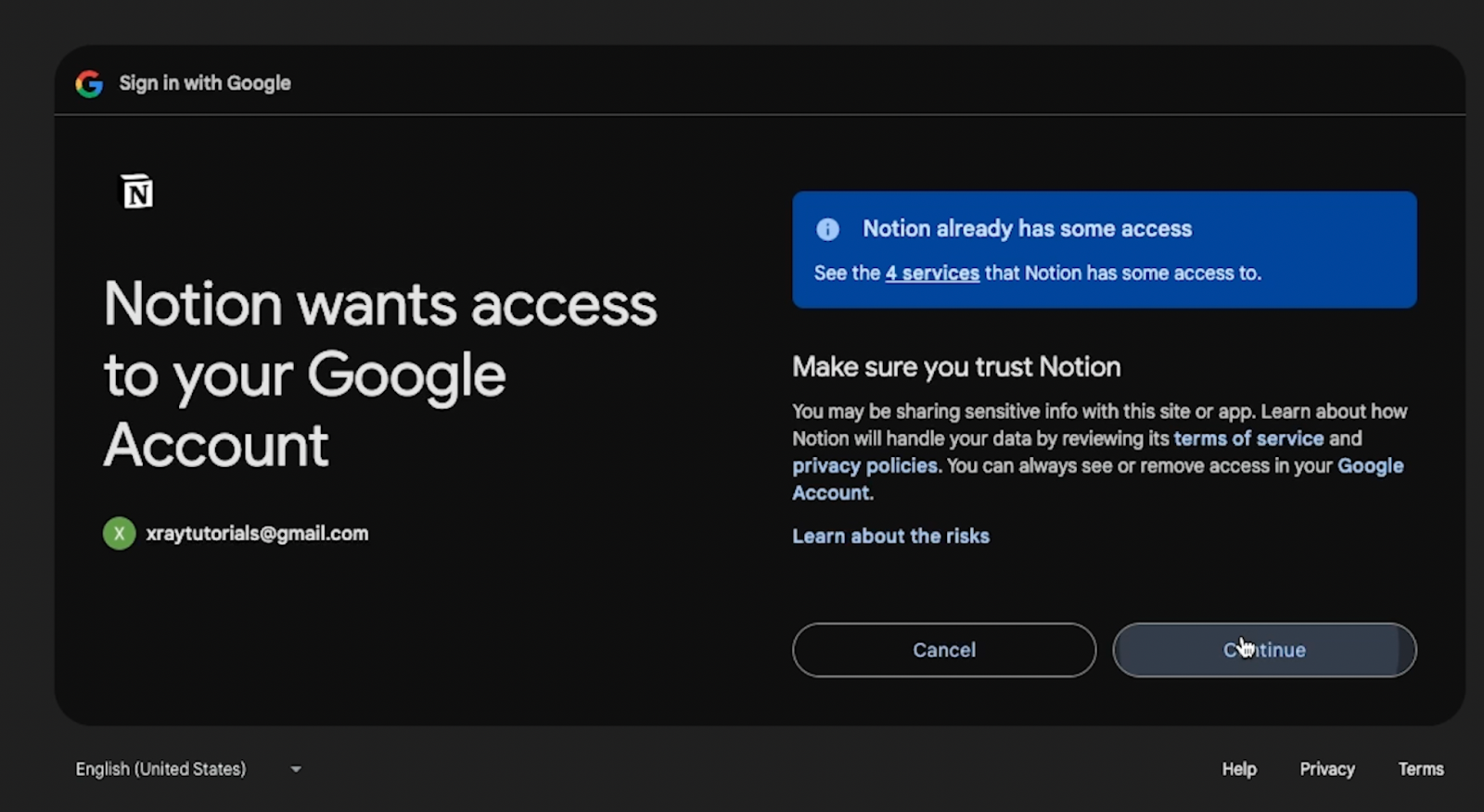 Authorize Notion to access Google Account