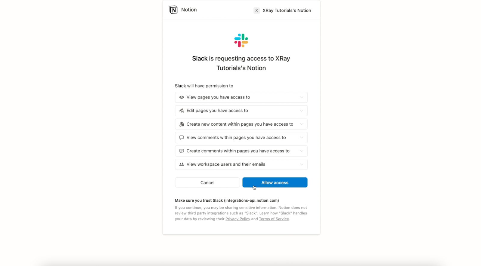 Authorize Slack to access Notion