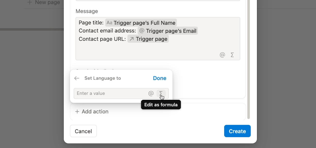 Set Language field with the sigma symbol highlighted to Edit as a Formula