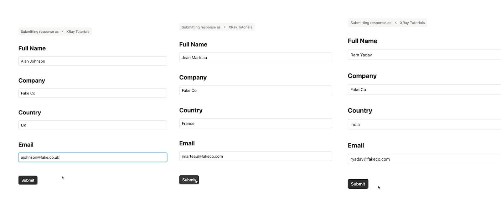 Three form responses side-by-side