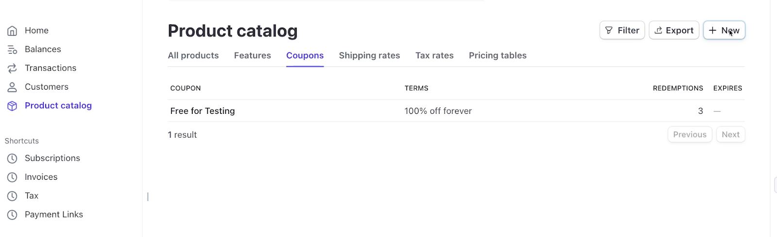 Creating a new coupon in Stripe