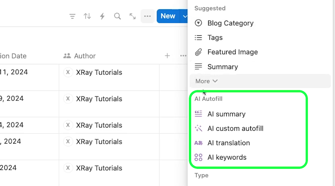 AI autofill options for a new property in Notion