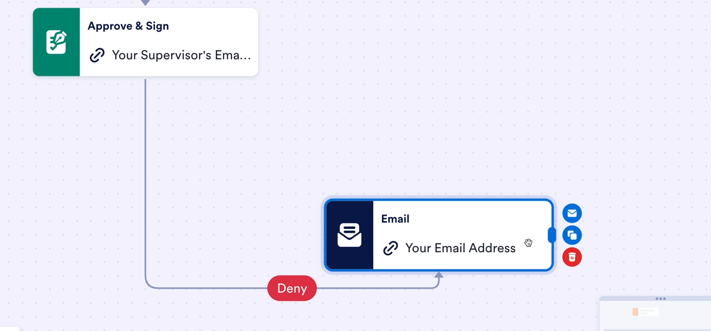 Adding an "Email" step for the "Deny" outcome