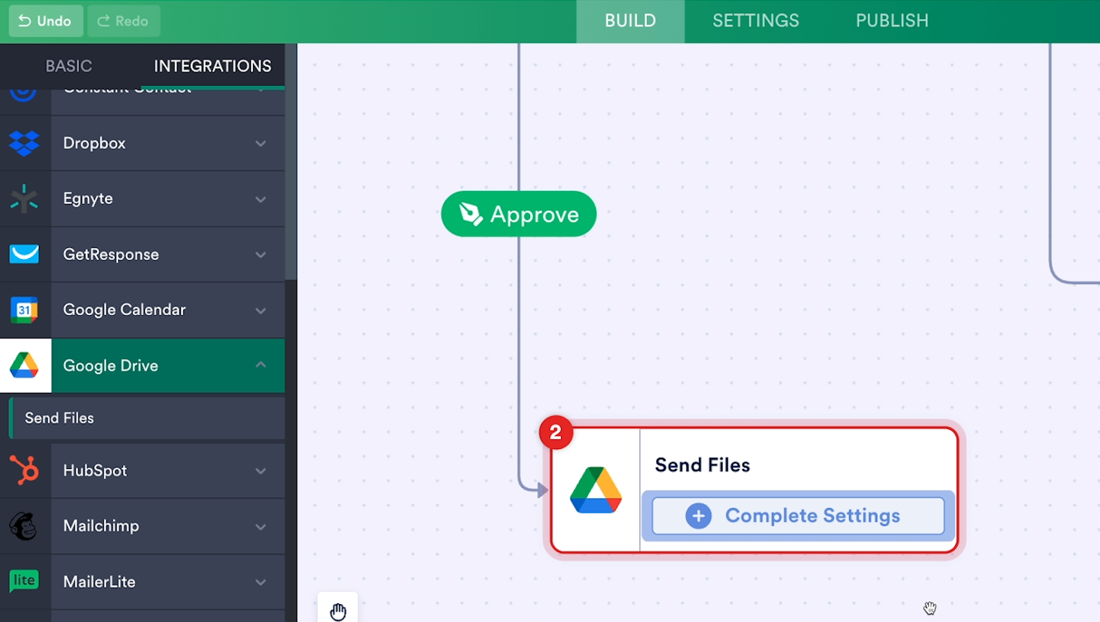 Adding a "Google Drive - Send Files" action to the "Approve" outcome