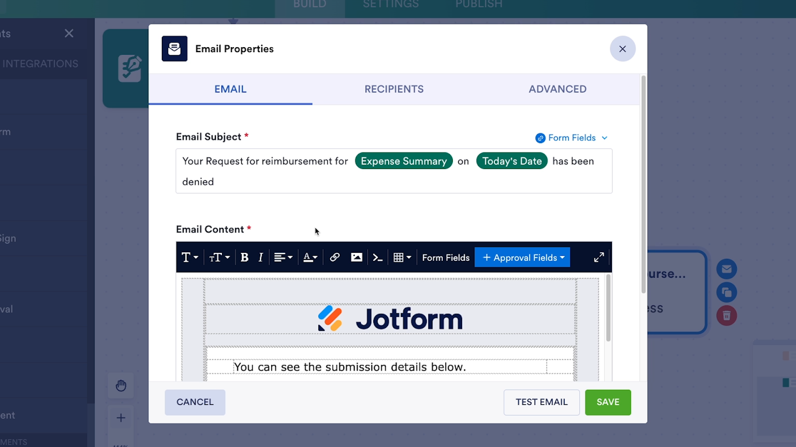 Customizing an email sent by Jotform