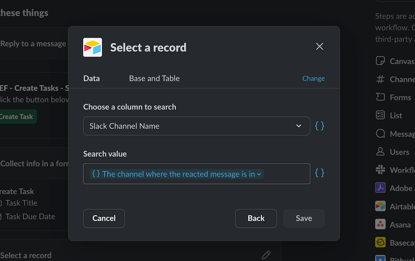 Airtable search in Slack workflows