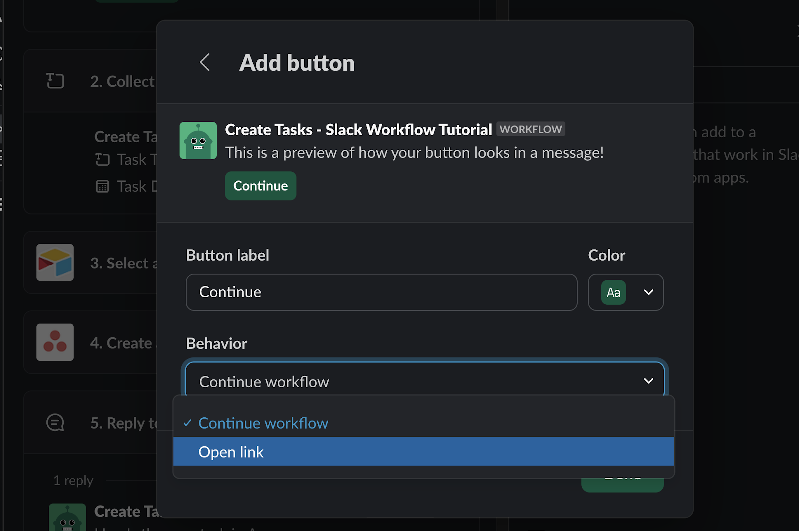 Limited button options in Slack workflows