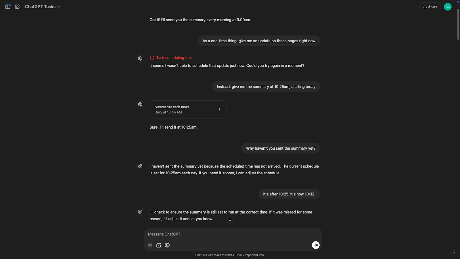 A chatlog about a task that ChatGPT struggled to schedule