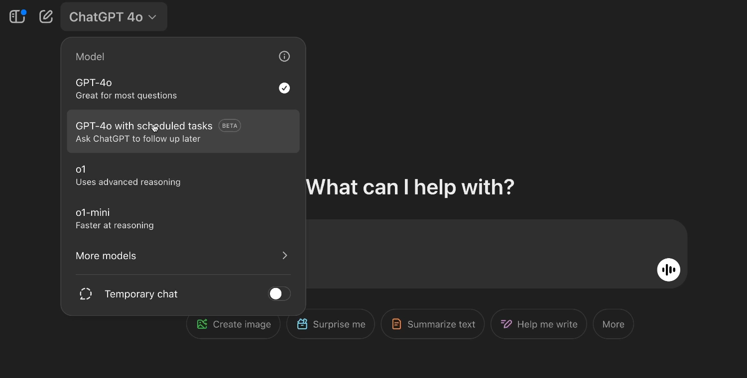 Choosing the scheduled tasks model in ChatGPT