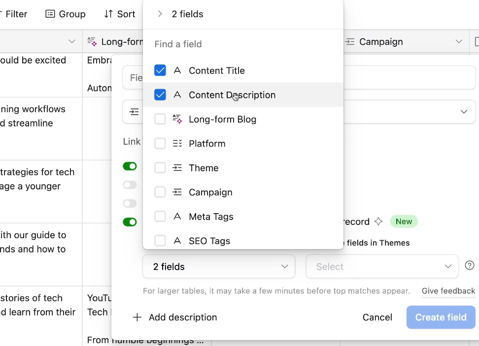 Choosing which fields the AI should use to suggest matching linked records