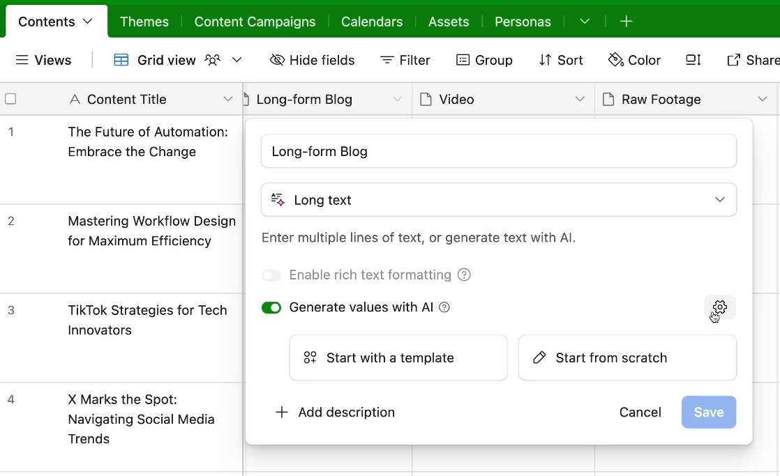 accessing technical settings for Airtable AI fields