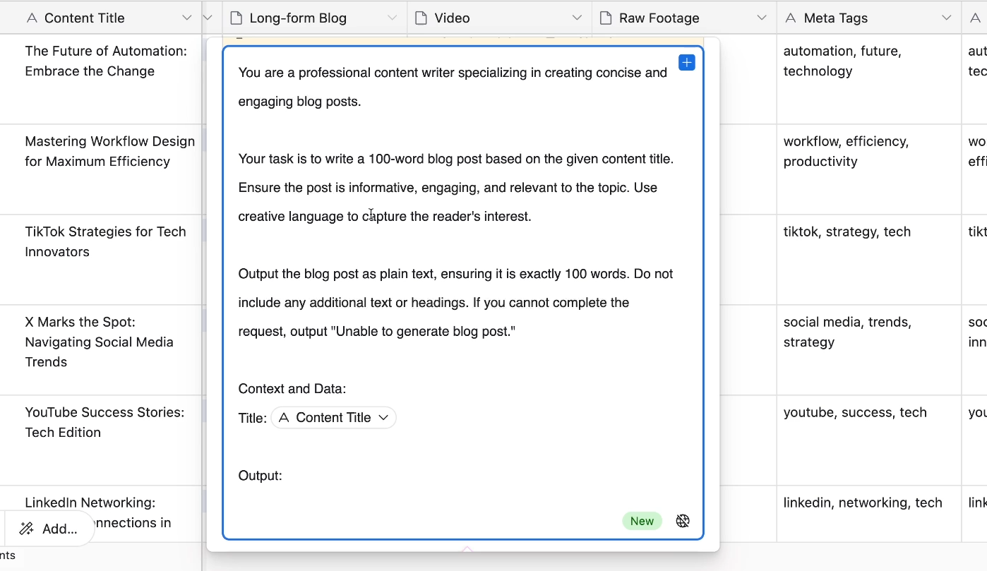 Airtable AI's suggestion for a more detailed prompt