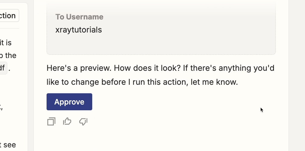 The AI agent asks for approval after showing a preview