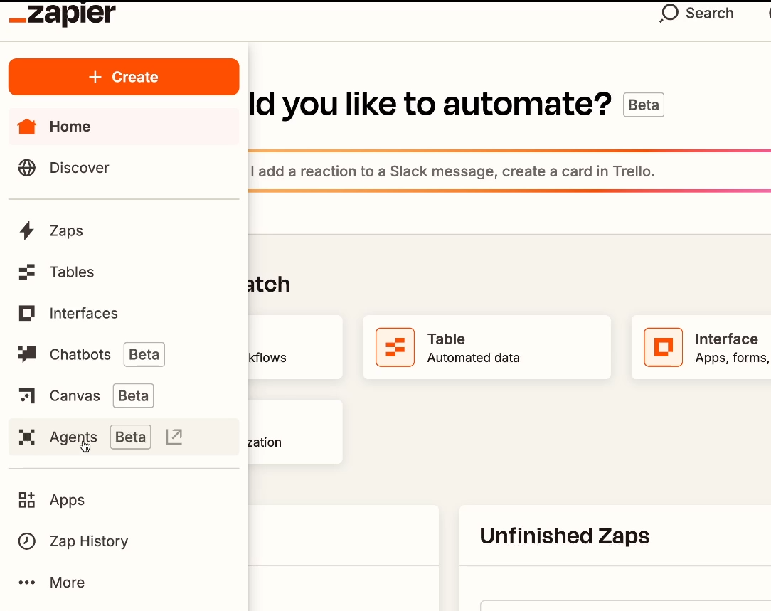 picking Agents from the Zapier main menu