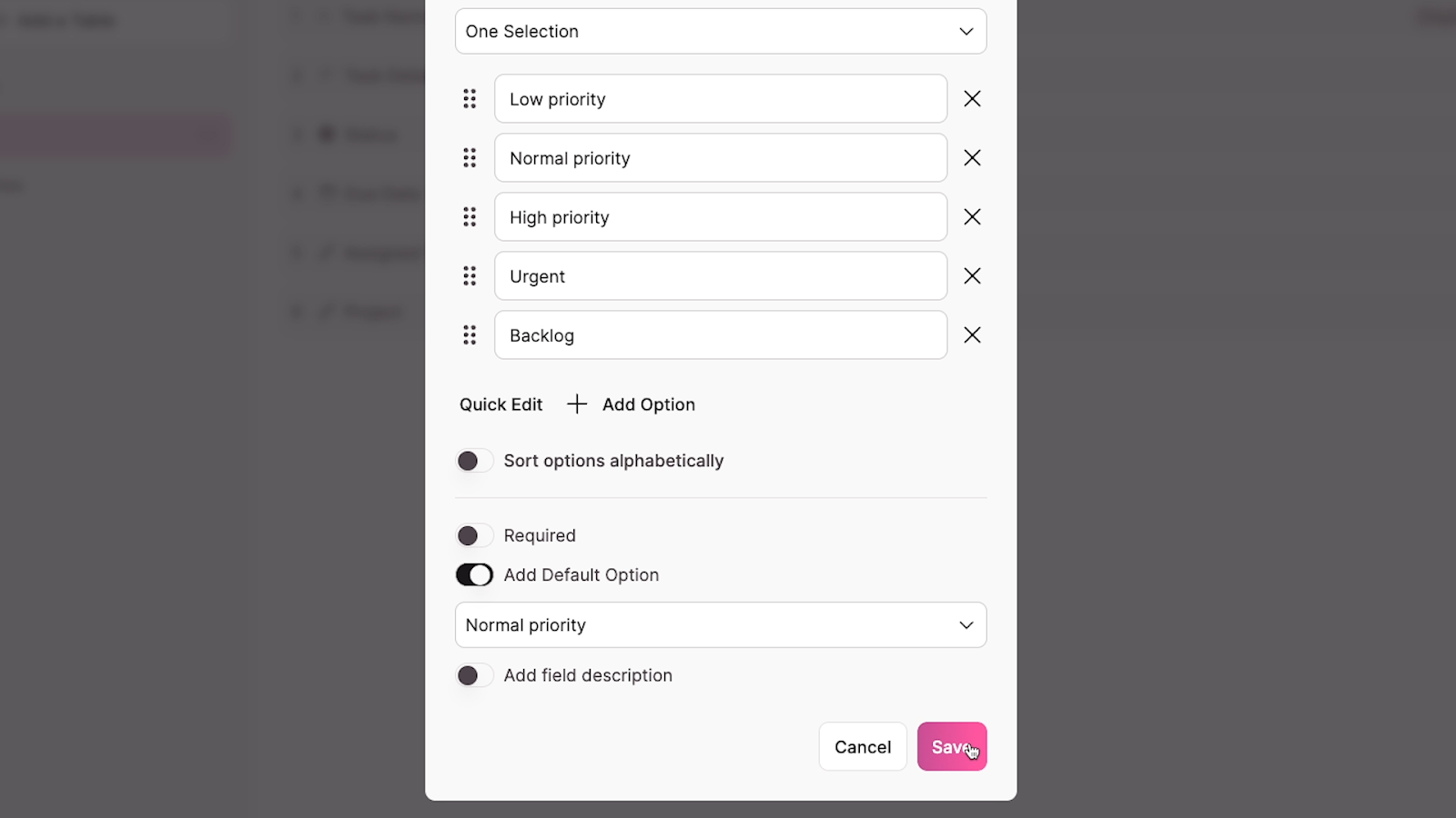"Normal priority" selected as the Default Option