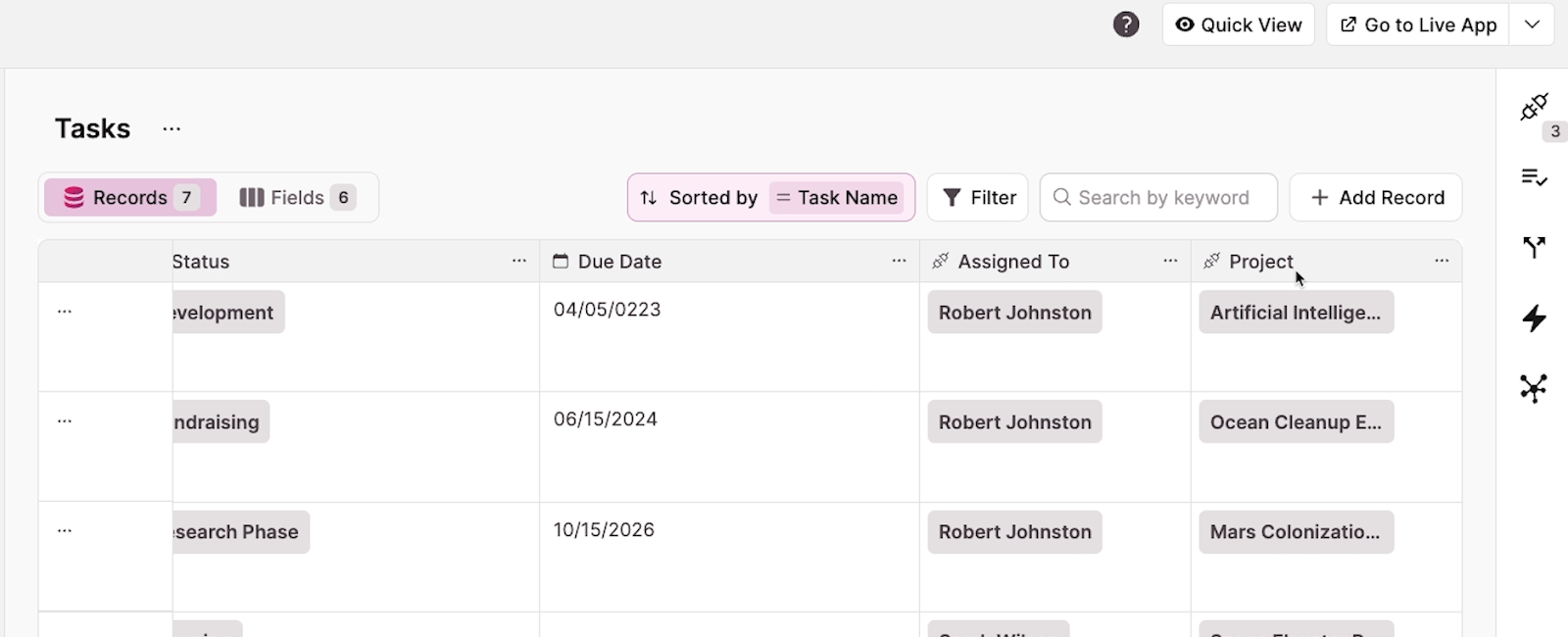 A closer look at the Tasks records table