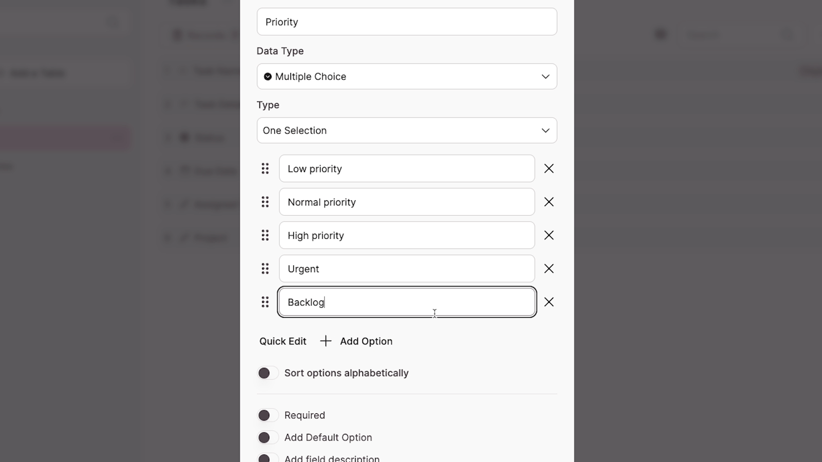 An "Urgent" and "Backlog" option being created