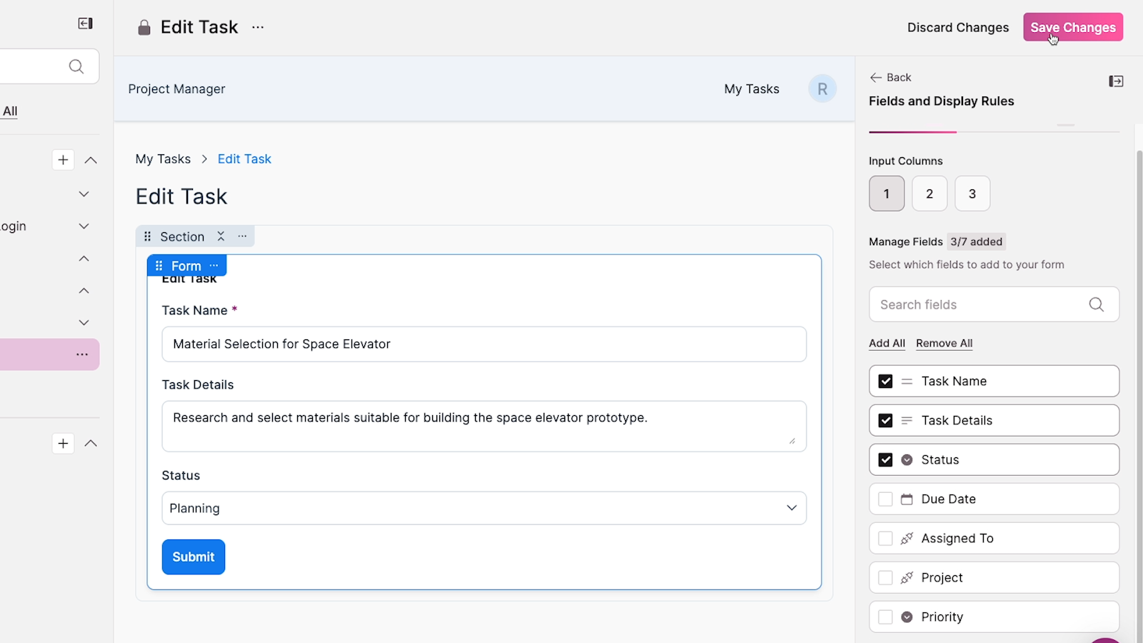 The "Edit Task" Form element selected with Field and Display Rules showing