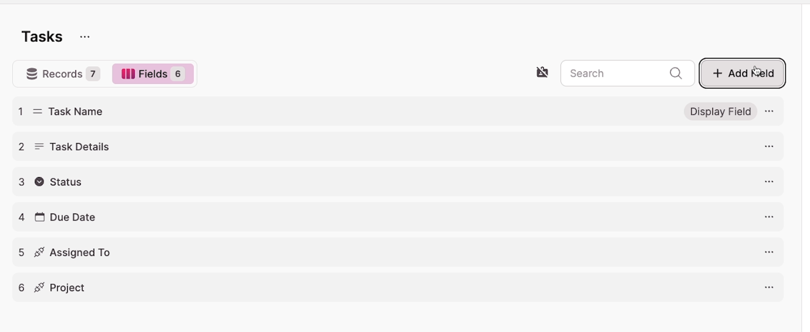 Fields that can be created in Tasks with the Add Field button hightlighted