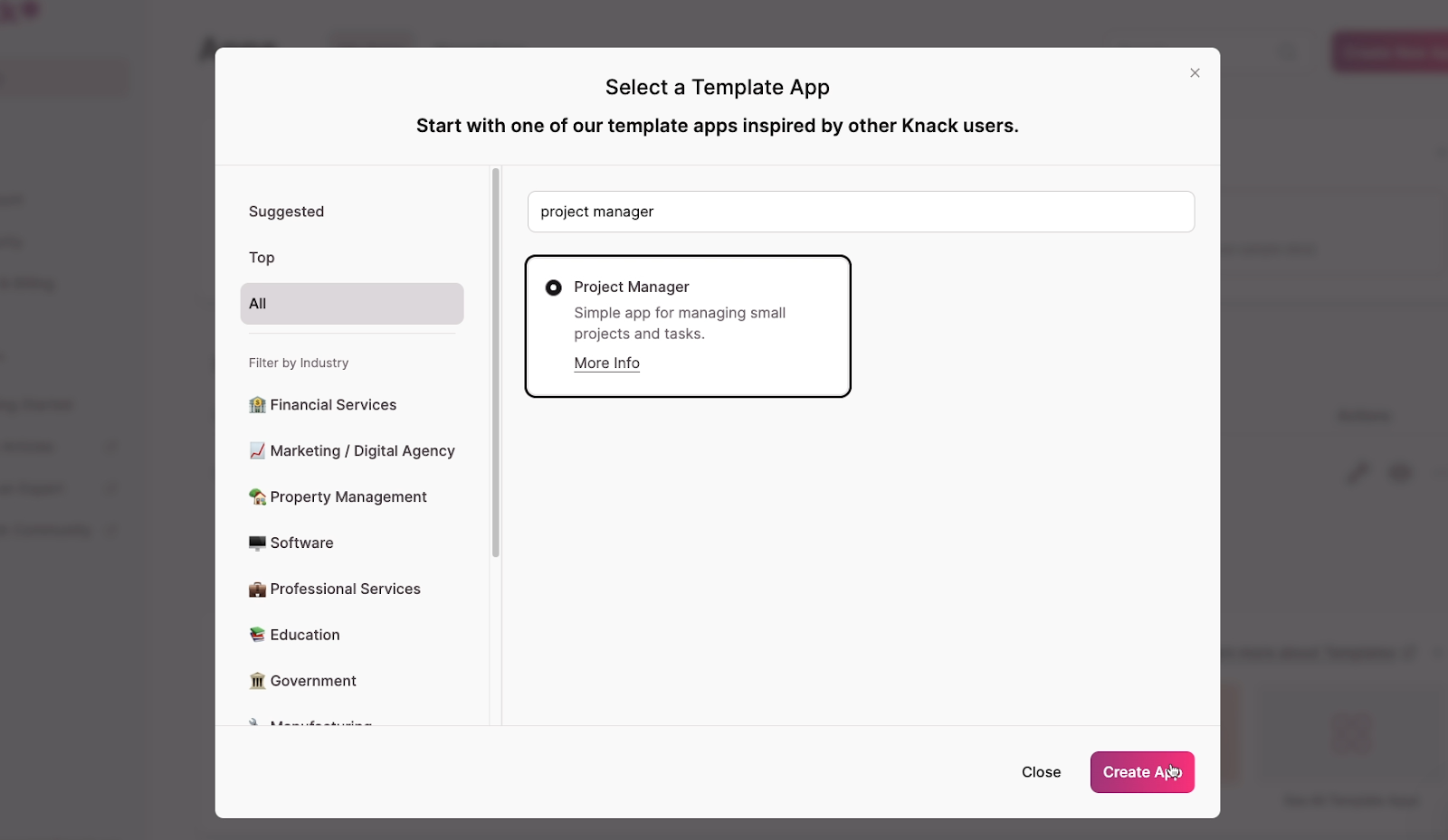 Knack's Template app screen with Project Manager template selected