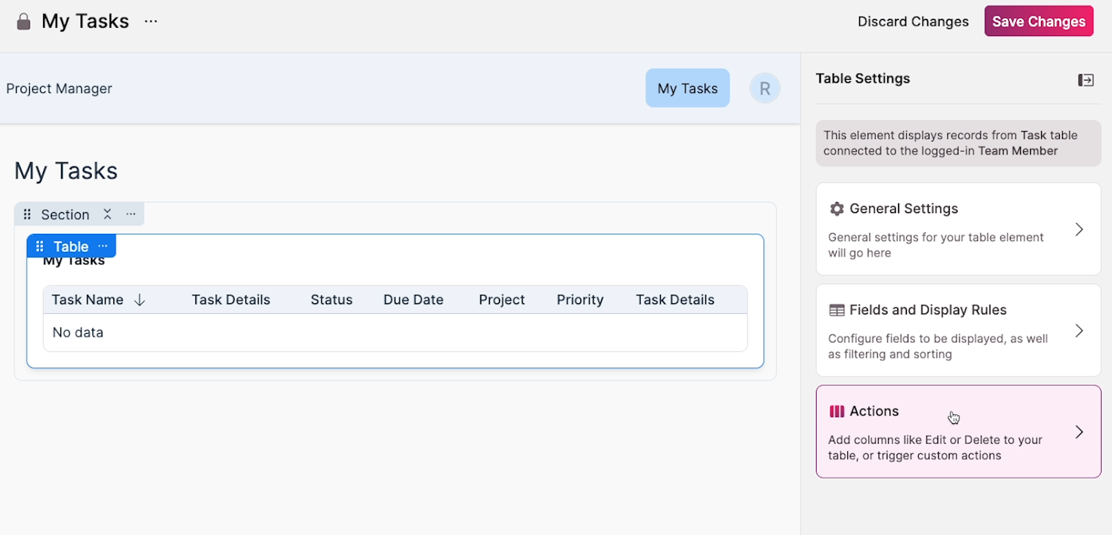 The "My Tasks" table selected with the "Actions" highlighted on the "Table Settings" on the right