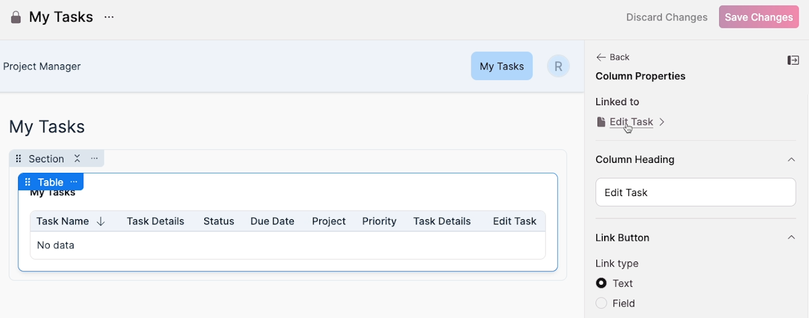 Column Properties on the side with "Edit Task" "Linked to" highlighted
