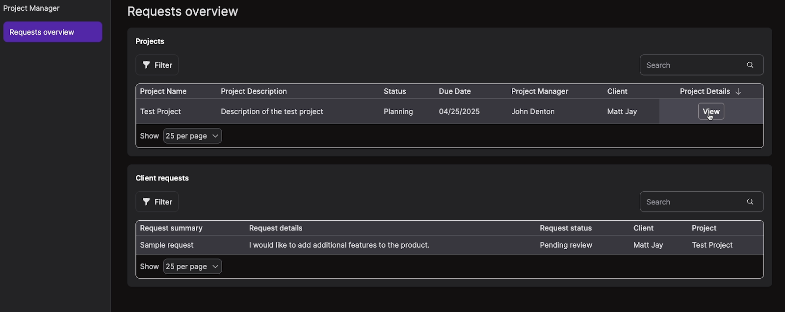 "Requests overview" page with cursor over the View button on "Test Project"'s Project Details field