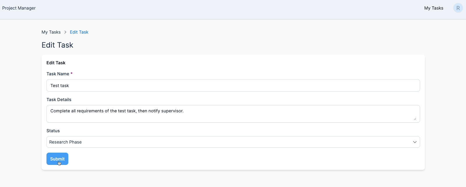 The "Edit Task" form filled and and about to be submitted