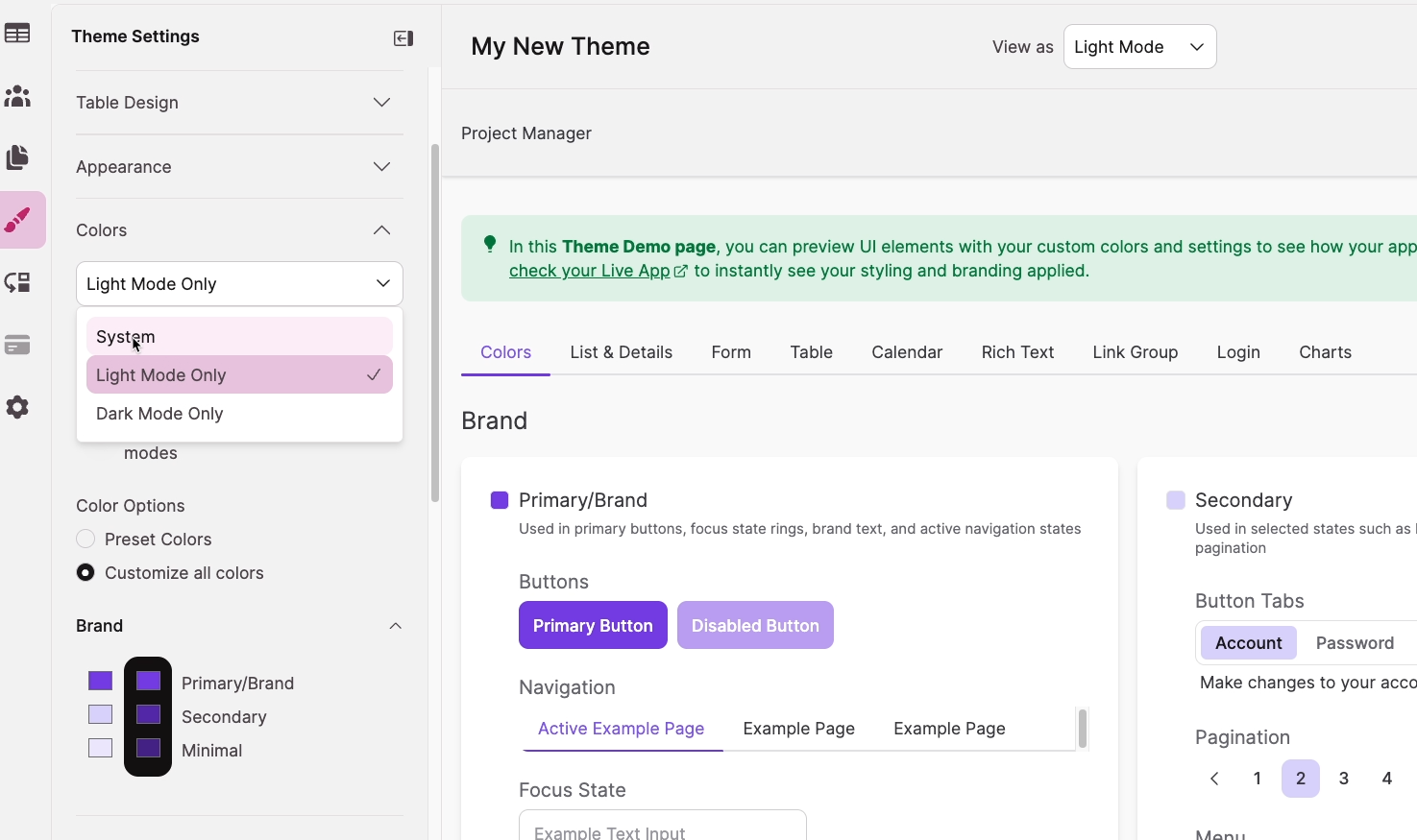 The "Light and Dark" mode panels open with "System" highlighted