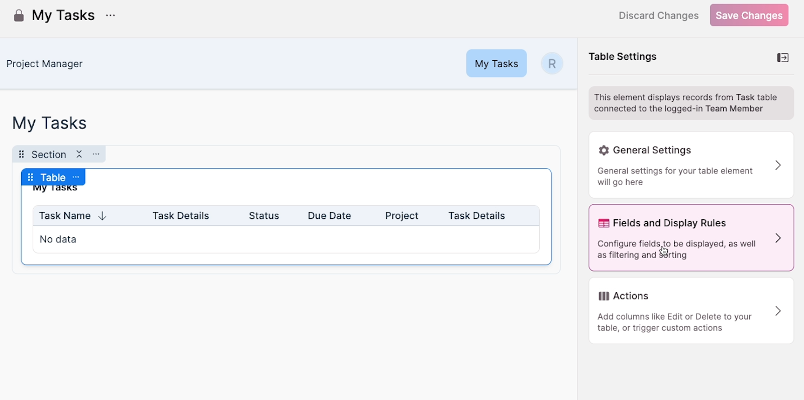 The "My Tasks" table selected with the "Fields and Display Rules" highlighted on the right