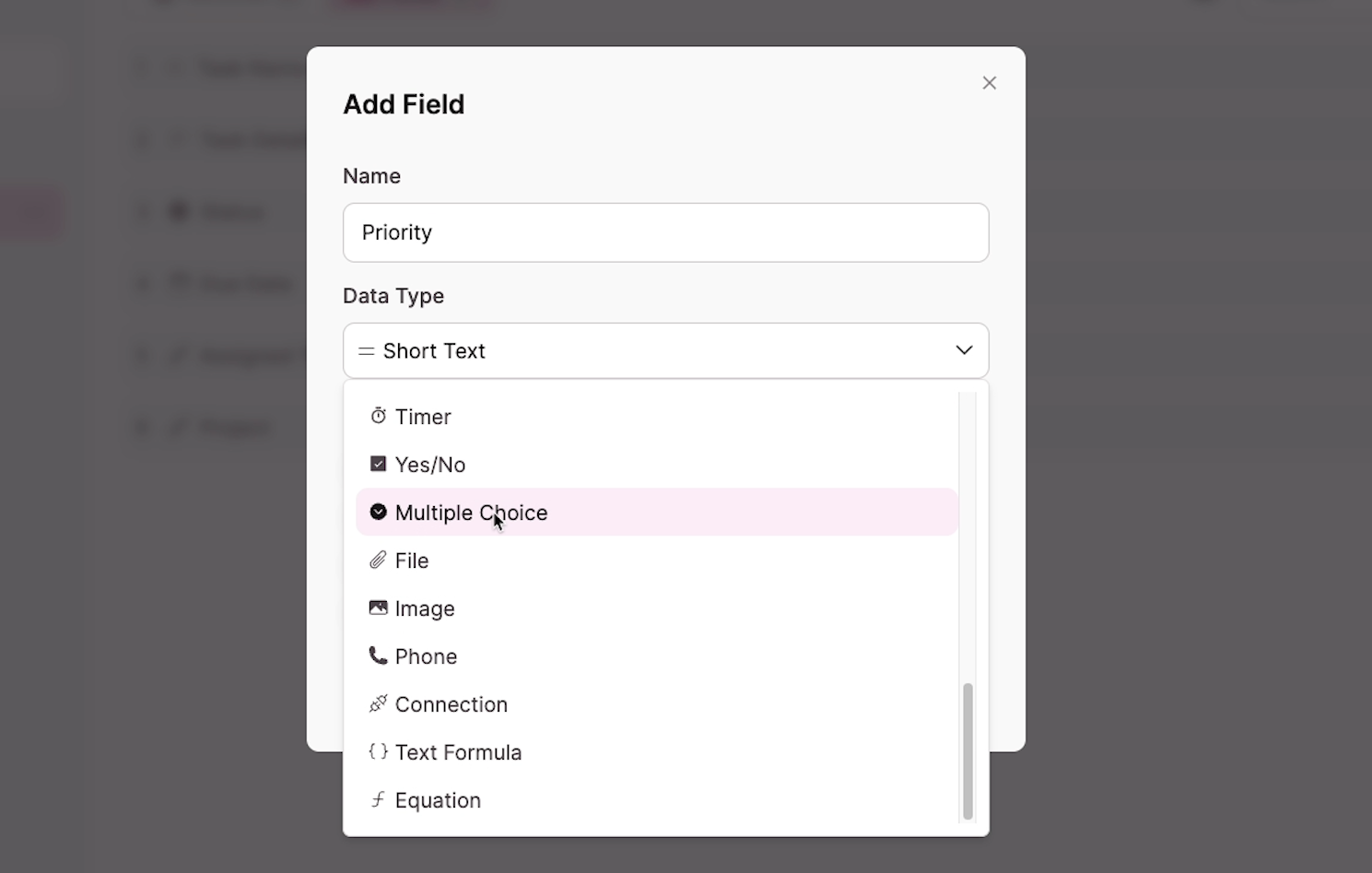 "Add Field" Menu open with the "Data Type" dropdown open and Multiple Choice highlighted