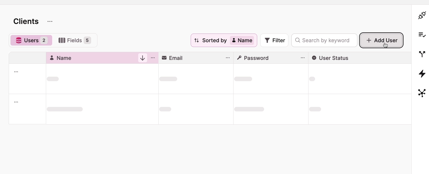 The Clients table with "Add User" being clicked