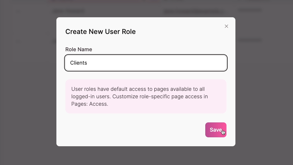 Create New User Role pop up with "Clients" as the role name