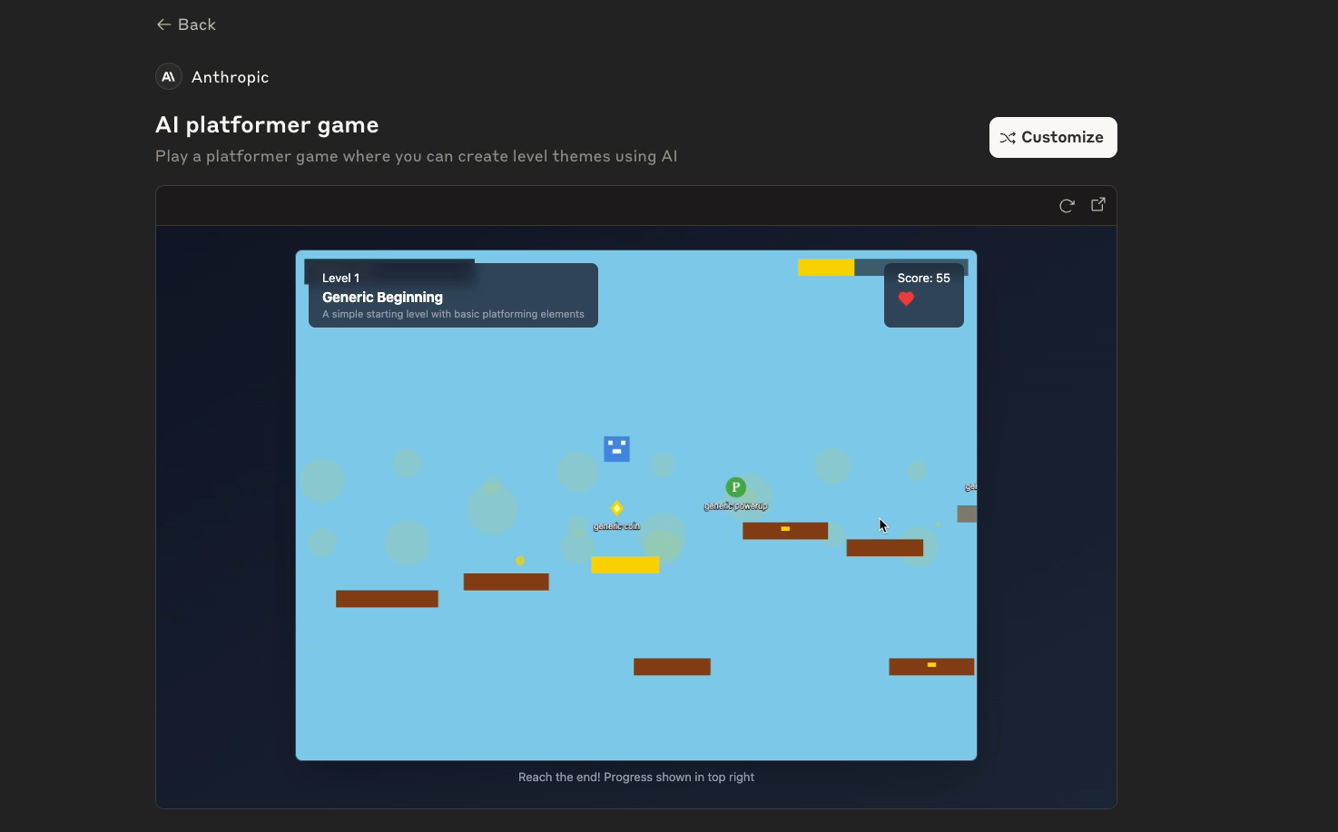 a side-scrolling platformer game built with Claude
