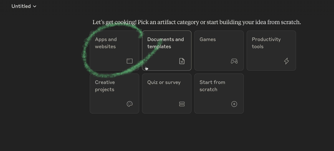 Selecting a category for a new Claude artifact
