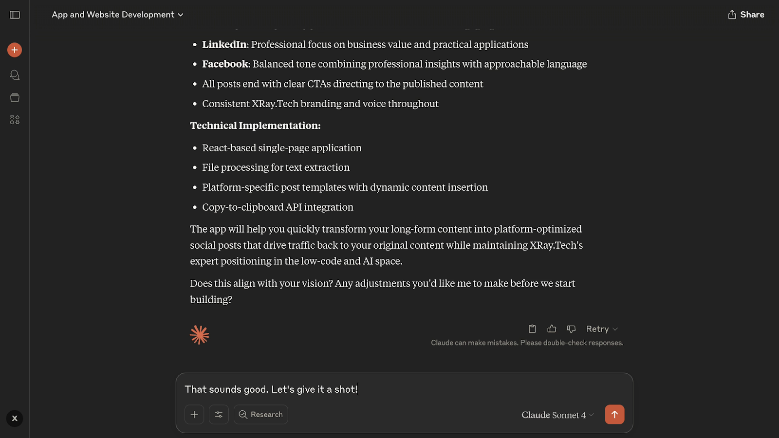 Claude confirms the app it's going to create based on the user prompt