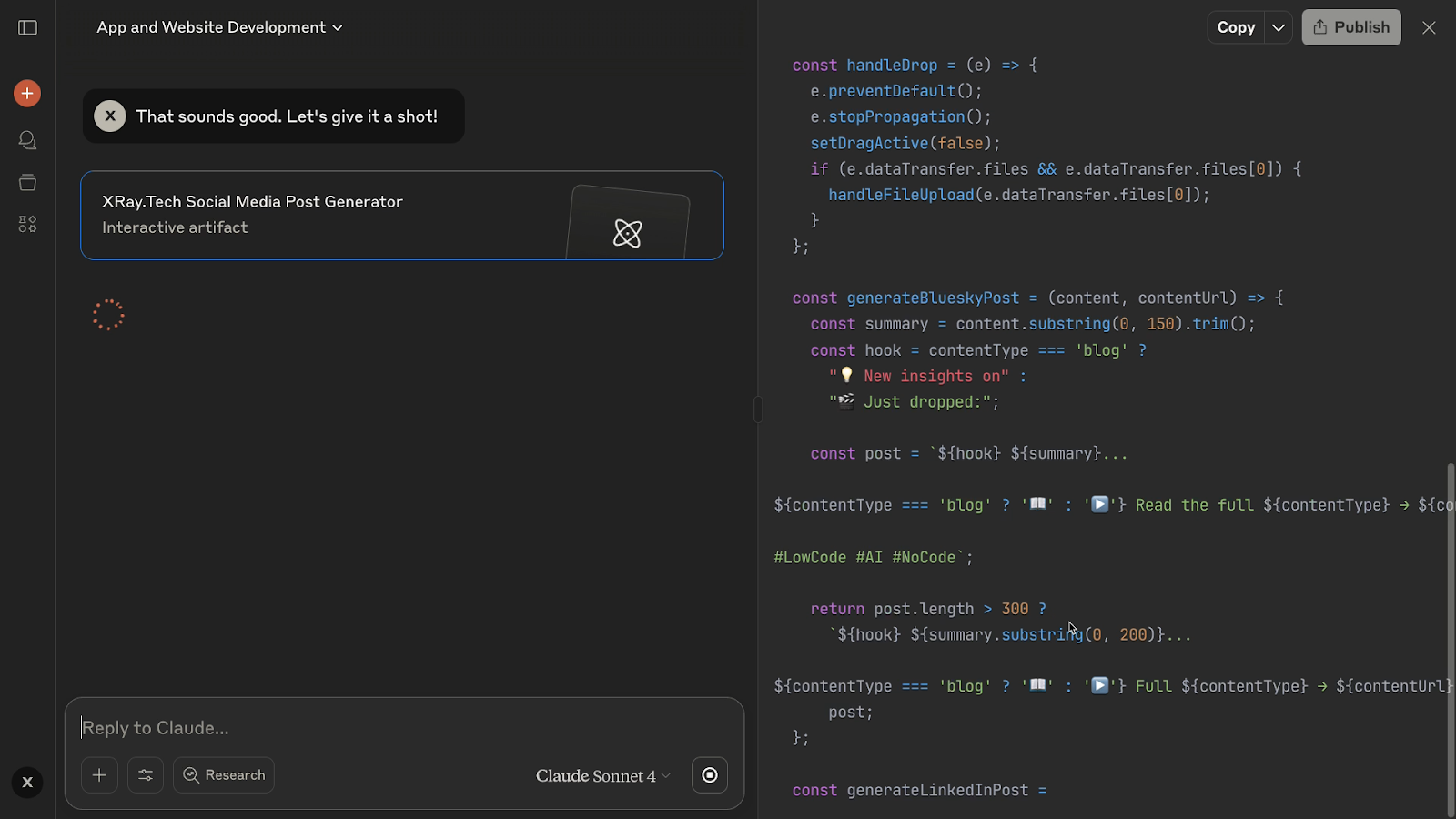 Claude rapidly generates the code required for the app