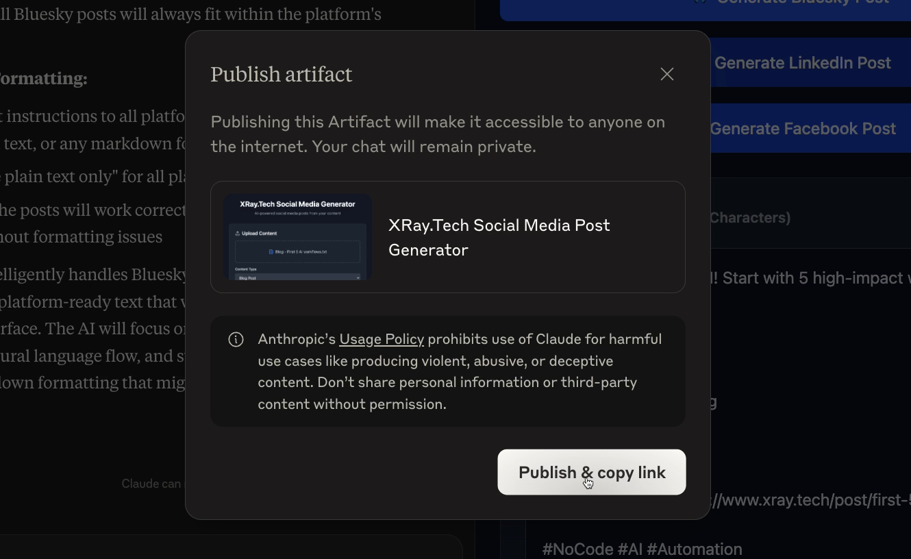 Copying a link to the published artifact
