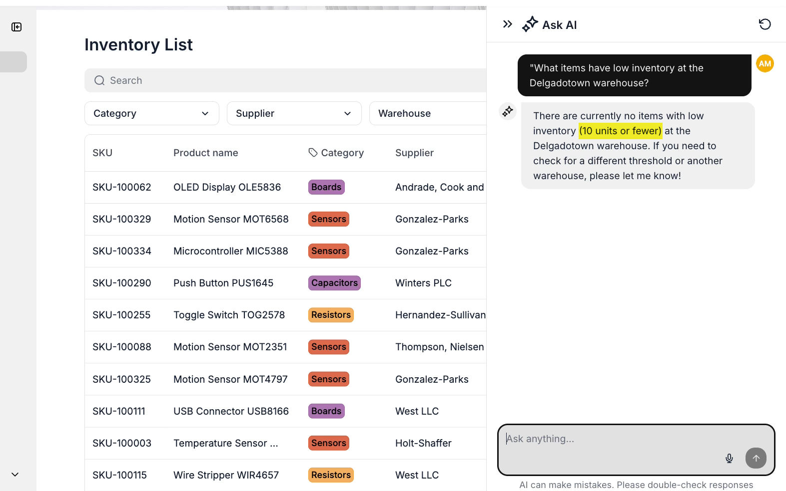 Asking Softr AI a question about inventory levels