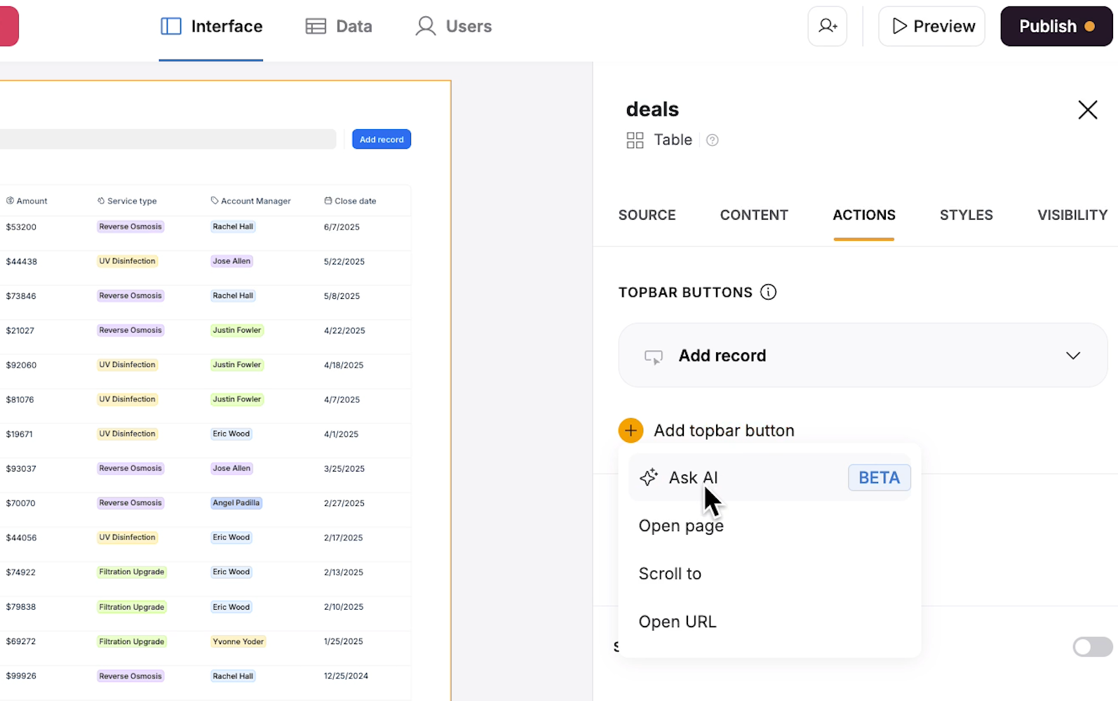 Selecting "Ask AI" in the "Topbar button" menu
